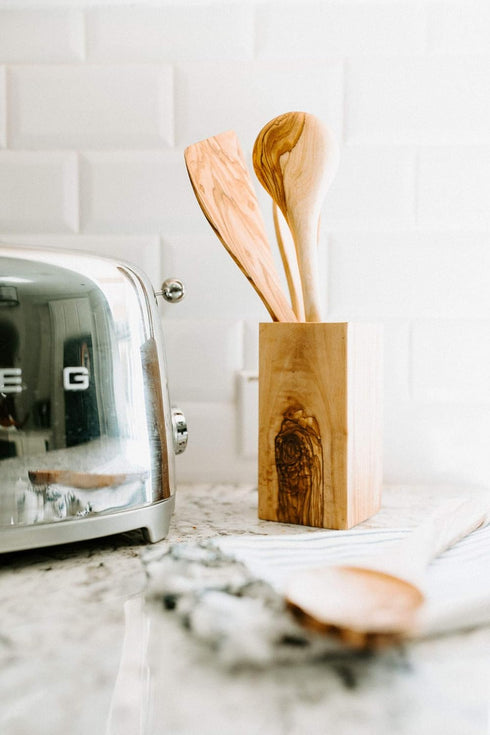 Tramanto Olive Wood Utensil Holder - Compact 3 x 3 Inch Square Wooden Crock for Kitchen Tools and Cooking (6 Inch Tall)...