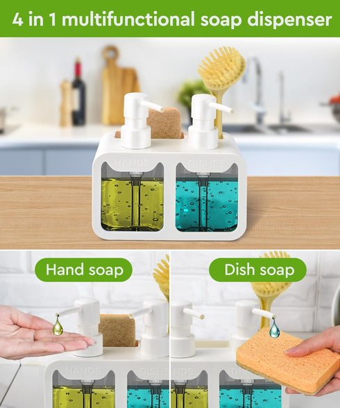kitchen Hand Soap and Dish Soap Dispenser Set, Dual Soap Dispenser with Sponge Caddy and Brush Holder 4-in-1 Organizer for Kitchen Sink Countertop...