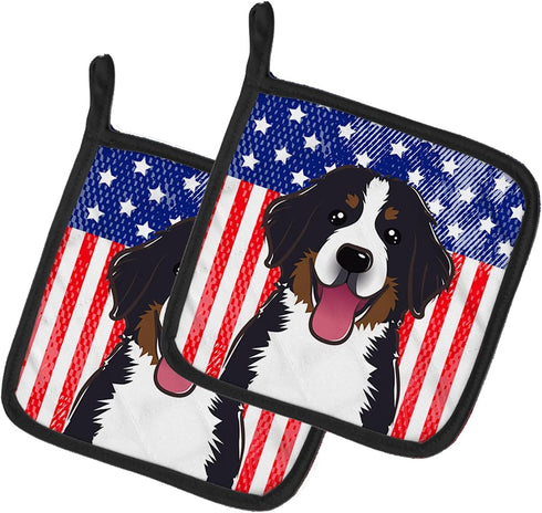 Caroline's Treasures BB2167PTHD American Flag and Bernese Mountain Dog Pair of Pot Holders Kitchen Heat Resistant Pot Holders Sets Oven Hot Pads f...