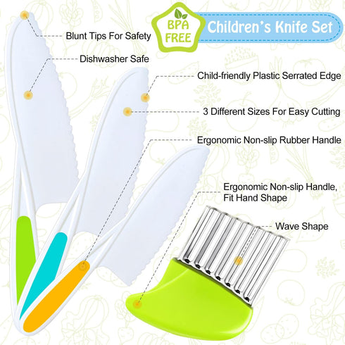 4 Pcs Kids Knife Set, Nylon Kitchen Knife with Crinkle Cutter, Serrated Edges Plastic Toddler Chef Knife for Real Cooking & Cutting Fruit Bread...
