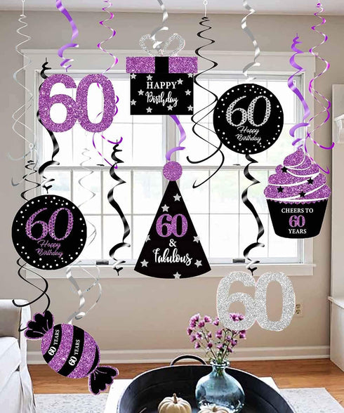 60th Birthday Decorations for Women Purple Black Silver 60th Birthday Party Decorations Hanging Swirls Ceiling– Women...