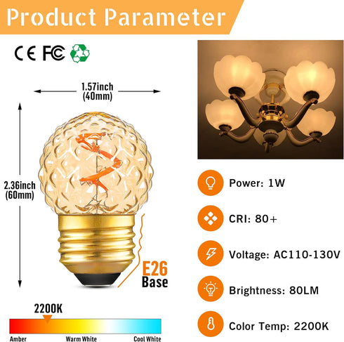 G40 Replacement Bulbs Night Light Bulbs Small Edison Light Bulb Base Sizes Chart Mini Globe Low Watt Light Bulbs 1W(10W Equivalent)?AC120V Warm Wh...