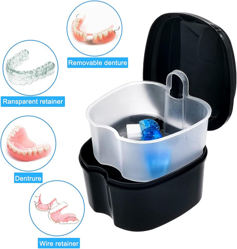 Black Denture Soaking Container Partial Denture Case, Orthodontic Retainer Cleaning Case Denture Cleaner Container Dentures Teeth Cup with Straine...