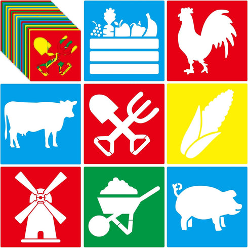 24 Pcs Farm Theme Stencil Set 8 x 8 Inch Plastic Drawing Painting Stencil Templates Animals Farmer House Stencils Reusable for Kids Painting on Wo...