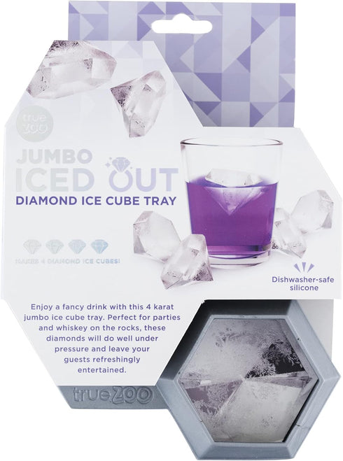 True Zoo Jumbo Iced Out Diamond Ice Tray, Silicone Mold and Ice Cube Tray for Cocktails, Makes 4 Ice Cubes, Grey, Set of 1...