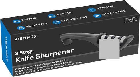 Kitchen Knife Sharpener - Professional Handheld 3 Stage Sharpening Tool for Chef Knives with Diamond, Tungsten & Ceramic Rods Includes Cut Resista...