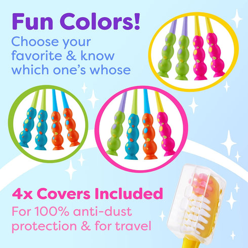 Kids Toothbrush 4 Pack - Soft Bristles with Suction Cup - Toothbrush Kids, Child Sized Brush Heads (3-10 Year Old) Kid Toothbrush with Easy Storag...