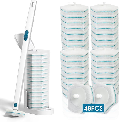 Disposable Toilet Brush with 48 PCS Toilet Refills, Disposable Toilet Cleaning System- Toilet Brush, Storage Caddy and 48 Toilet Bowl Brush Refill...