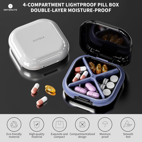 Daily Pill Organizer 4 Compartments, Portable Travel Pill Case, Mini Pill Container for Purse Pocket, Compact Travel Medicine Organizer for Vitami...