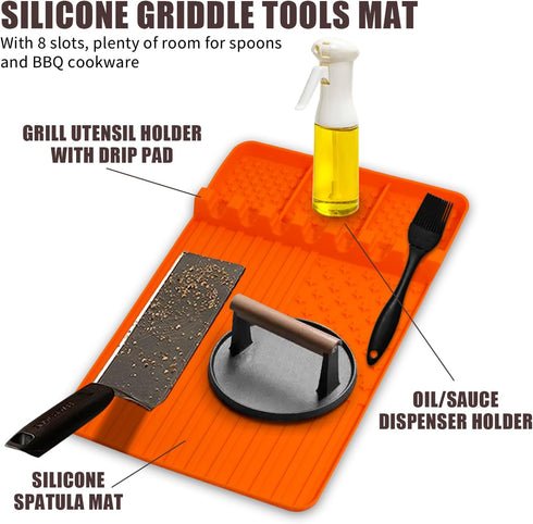 Silicone Griddle Tools Mat for Blackstone,Silicone Griddle Tools Mat with Drip Pad?Grill BBQ Caddy Utensils Holder for Kitchen,Cooking & Counterto...