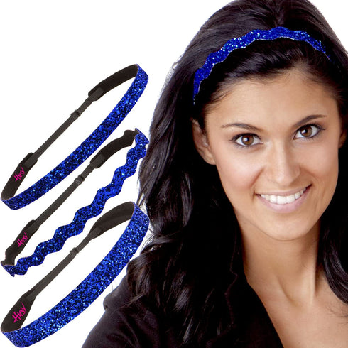 Hipsy Women's Adjustable Non Slip Skinny Wave & Wide Bling Glitter Headband Mixed 3-pack (Mixed Royal Blue)...