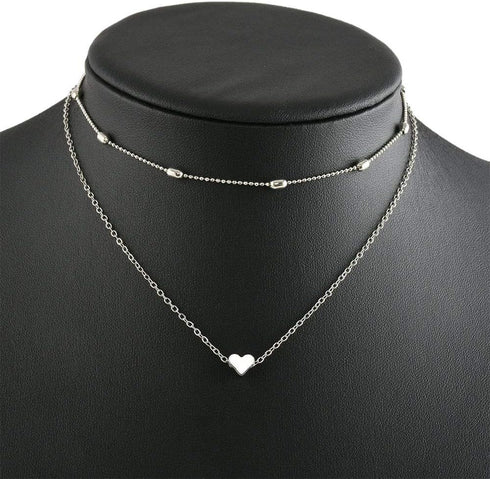 Love Heart Layered Choker Necklace Silver Simple Beads Pendant Necklace Simple Chain jewelry for Women...