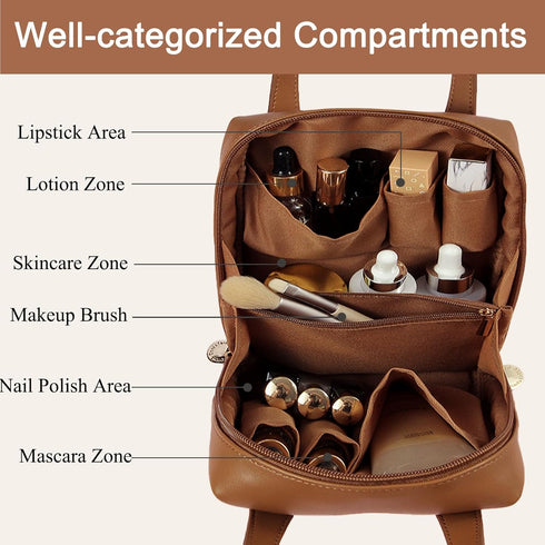 Makeup Bag Large Capacity Travel Cosmetic Bag with Handle Portable Small Cosmetics Bag for Purse Cute Makeup Storage Bag Waterproof PU Leather Mak...