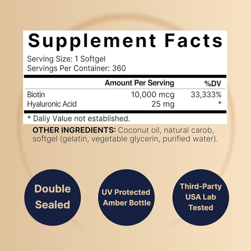 Biotin 10000mcg + Hyaluronic Acid 25mg | 360 Coconut Oil Softgels, Premium Biotin Vitamins for Hair Skin and Nails, Highly Purified and Bioavailab...