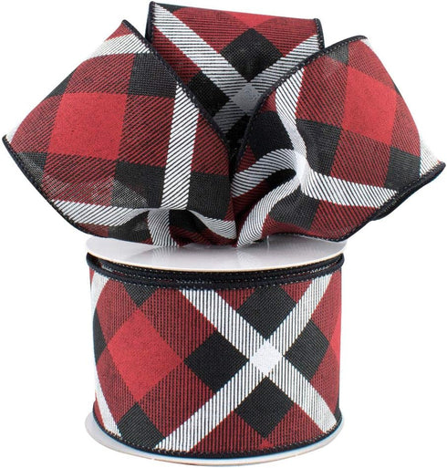 Diagonal Plaid Wired Christmas Ribbon - 2 1/2 inch x 10 Yards, Red Black and White Plaid, Buffalo Checks, Christmas Decorations, Winter Wreath Emb...