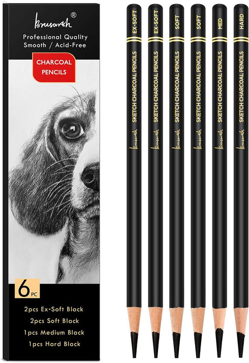 Professional Charcoal Pencils Drawing Set - 6 Pieces Soft Medium and Hard Charcoal Pencils for Drawing, Sketching, Shading...