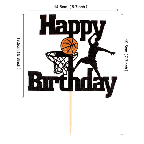 Unimall Basketball Happy Birthday Cake Topper Basketball Scene Themed Cake Fruit Picks for Man Boys Father Birthday Event Party Supply Black Glitt...