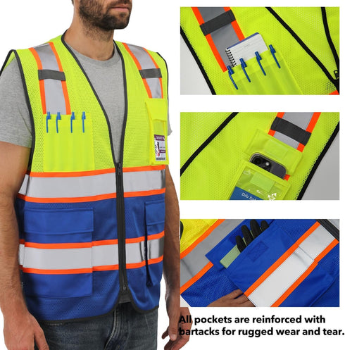 Reflective Mesh Vest High Visibility Two Tone with Pockets and Zipper, Yellow and Blue Mesh with Orange Trim M...