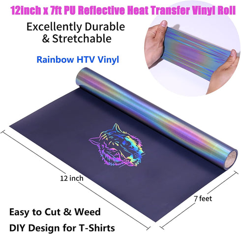 Reflective Heat Transfer Vinyl Reflective Rainbow HTV Rolls Pack 12 Inch x 7 Feet Iron on Vinyl for T-Shirts DIY Design, Silhouette Cameo Heat Pre...
