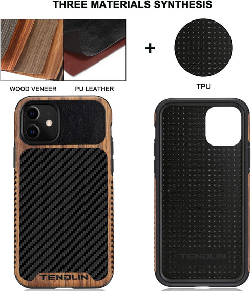 TENDLIN Compatible with iPhone 11 Case Wood Grain with Carbon Fiber Texture Design Leather Hybrid Case Black...