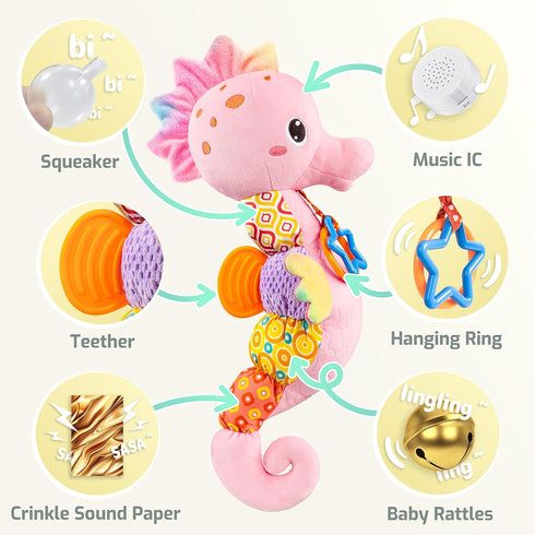 Baby Toys Musical Seahorse,Infant Stuffed Animal Toys with Crinkle and Rattles,Soft Sensory Toys with Textures for Tummy Time Newborn Boys Girls 0...