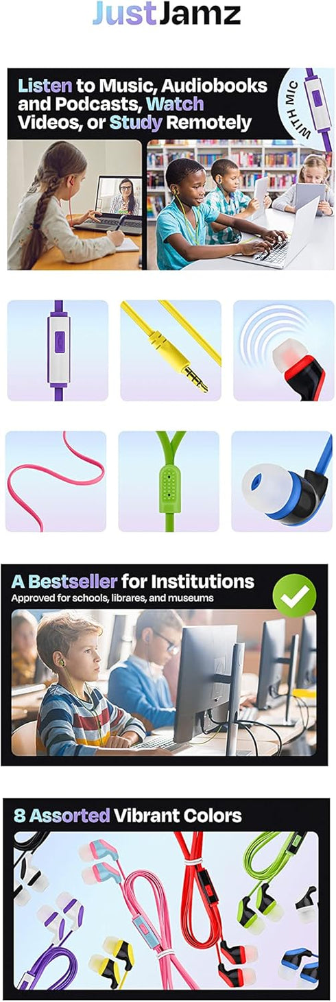 10x Multipack | Earbuds with Microphone, for Schools, Classroom, Libraries, Museums, etc., Wired in-Ear Earphones with Mic for Kids, Teenagers & A...