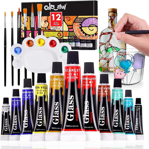 Colorful Acrylic Glass Paint Set with 6 Brushes, 1 Palette, 12 Colors Stain Glass Paints for Wine Glass, Waterproof Acrylic Enamel Paint Kit to Cr...