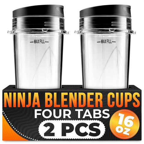 2Pcs Single Serve Blender Cup with Lid - 16 Oz Cup Blender for Smoothies Ninja Blender Cups Replacement - 4 Tabs Single Serving Blender Bottle Lid...