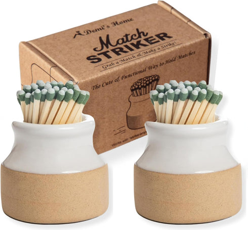 Demi's Home Match Striker - Set of 2 - White - (Matches Not Included) - Ceramic Match Holder with Striker...