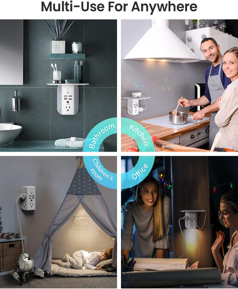 Wall Outlet Extender with Shelf and Night Light,Surge Protector,USB Wall Charger with 5 AC Outlets and 3 USB Ports 1 USB C Outlet Wide Space 3-Sid...