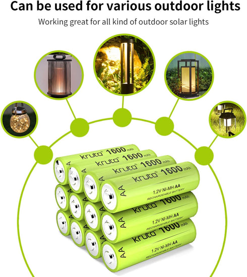 Kruta Ni-MH AA Rechargeable Batteries, Double A 1600mAh High Capacity 1.2V Pre-Charged for Garden Landscaping Outdoor Solar Lights, String Lights,...