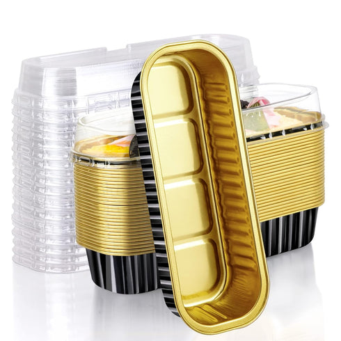 EUSOAR Creme Brulee Ramekins, 25pcs 6.8oz 6.5"x2.5"x1.2" Aluminum Foil Black Gold Baking Cups Pan Tin with Lids, Rectangle Disposable Ramekins Cup...