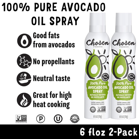 Chosen Foods 100% Pure Avocado Oil Spray, Keto and Paleo Diet Friendly, Kosher Cooking Spray for Baking, High-Heat Cooking and Frying (6 oz, 2 Pac...