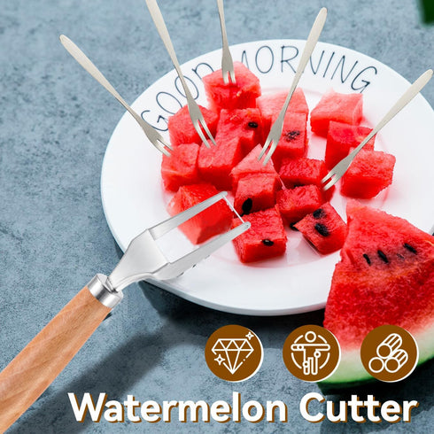 Watermelon Slicer Cuts Watermelons into Cubes, Stainless Steel Melon Cutter with Wooden Handle, Watermelon Cutting Tool Fruit Cutter with 5 Fruit ...