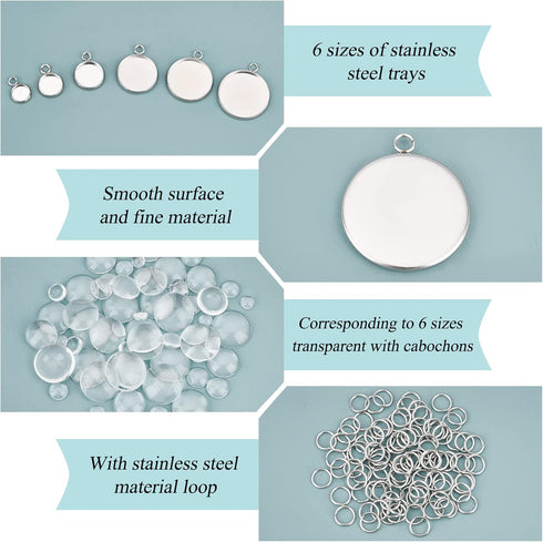 UNICRAFTALE About 60pcs Stainless Steel Bezel Trays Flat Round Pendant Trays Bezel with Glass Cabochon Pendant Trays Kit with Jump Rings for DIY J...