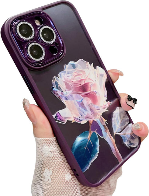 Compatible with iPhone 14 Pro Max Phone Case with Glitter Bling Camera Lens Protector for Women Girls Cute Fairy Rose Flower Clear Protective Cove...
