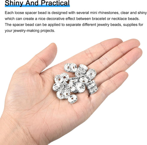 uxcell 200Pcs 6mm Rondelle Spacer Beads, Silver Plated Rhinestone Spacer Beads, Round Spacer Loose Beads for DIY Bracelet Necklace Jewelry Making ...