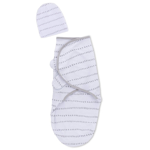 Adjustable Swaddle and Beanie Set Jersey Knit Cotton for Baby Boy Or Baby Girl from 0-3 Months, Grey Dotted Stripes...