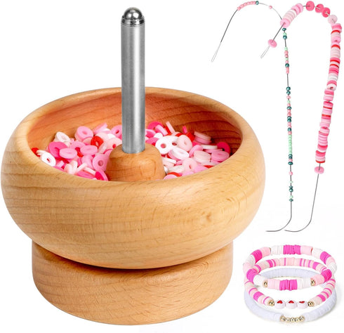 Tilhumt Bead Spinner for Jewelry Making, Effortless Rotating Wooden Clay Bead Spinner with 2 Big Eye Beading Needles and 3000 Seed Beads, Beading ...