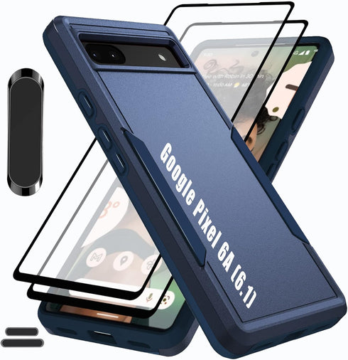 LMDAMZ for Pixel 6A 6.1 Inch Double Layer Hybrid Military Grade Rugged Shock Resistant Drop Case with 1 PCS Magnetic Car Mount and 1 PCS HD Temper...