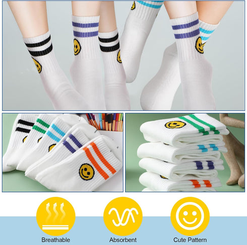 10 Pairs Cute Smiling Face Socks Cotton Striped Tube Socks Novelty Funny Crew Double Stripes Smile Athletic Socks for Women Girls...