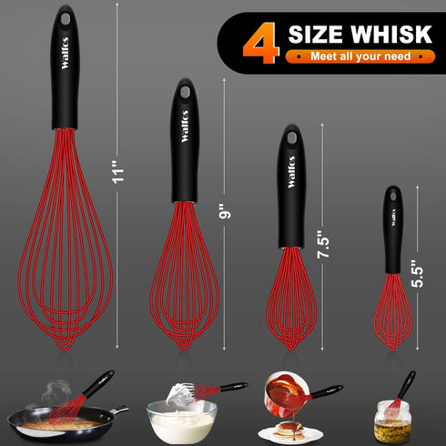 Walfos Whisk,Silicone Whisk Non Scratch Coated Whisk-Whisks for cooking set of 4 Nice for Blending Beating Stirring and Kitchen Cooking &Baking.BP...