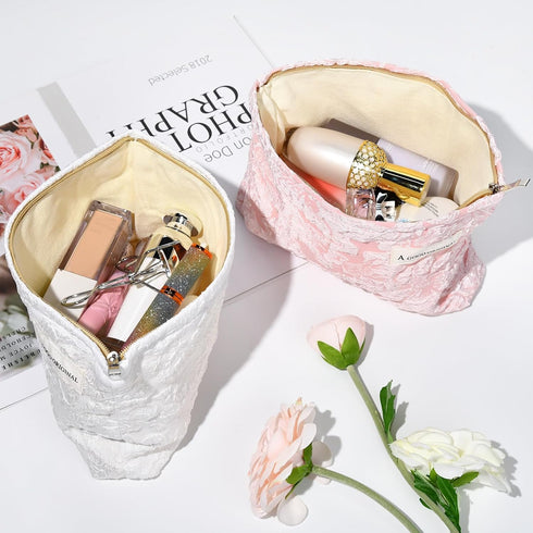 2 Pieces Embossed Pink Flower Makeup Bag Large Floral Cosmetic Bag Capacity Canvas Travel Toiletry Bag Organizer Cute Makeup Brushes Aesthetic Acc...