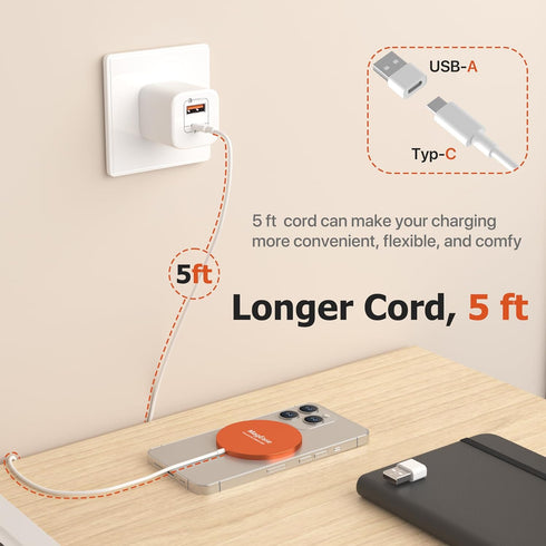 Magnetic Wireless Charger, 15W Wireless MagSafe Charger Compatible with iPhone 15/14/13/12 Series,AirPods,Samsung S24,Charging Pad with USB-C/A Co...