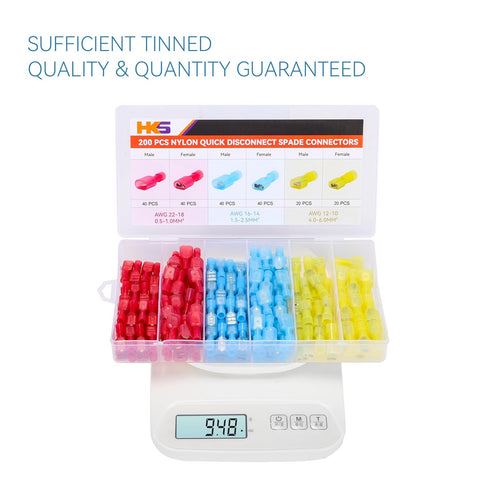 HKS 200PCS Nylon Spade Quick Disconnect Connector Kit - Male and Female Electrical Wire Connectors Kit - Tinned Copper - Cold-Pressed Wire Spade T...