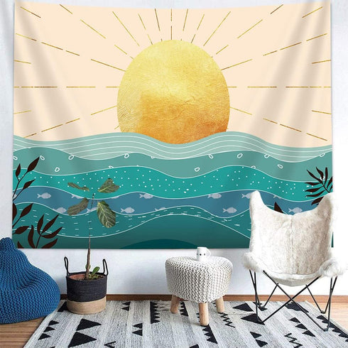 Boho Ocean Sunrise Tapestry Waves Mid Century Modern Style Tapestry Wall Hanging,Contemporary Wall Art Boho Prints Mountain Tapestry for Bedroom L...