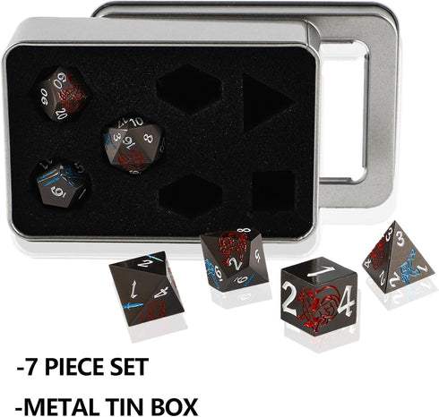 Metal Polyhedral DND Dice Set with Metal Box 7 Pieces Sward and Dragon D&D Dice for Dungeons and Dragons Role Playing Table Game (Grey and Red)...