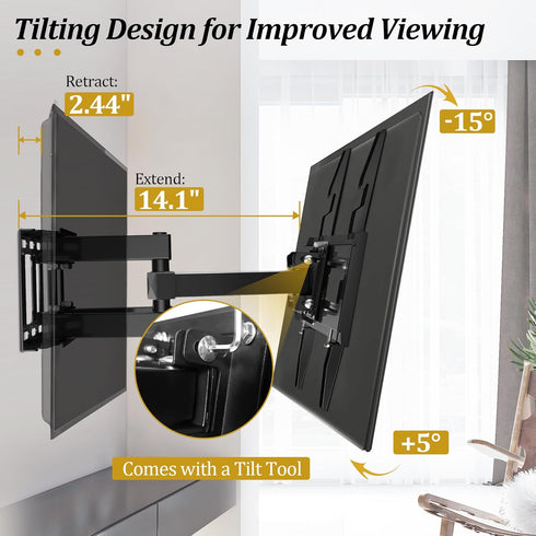 Full Motion TV Mount with Height Adjustment, TV Wall Mount Most 26-65 Inch Flat and Curved TV, Wall Mount TV Bracket Swivel Tilt Extension Levelin...
