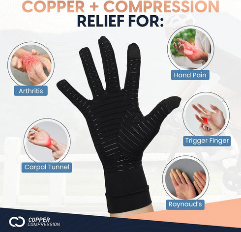 Copper Compression Full Finger Arthritis Gloves - Palm Grips - Touch Screen Fingertips - Compression Support for Carpal Tunnel, Pain Relief, Tendo...