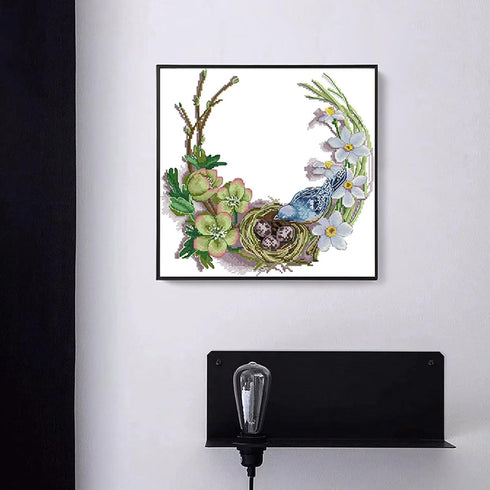 CROSSDECOR Stamped Cross Stitch Kits-Bird's nest wreath Embroidery Patterns Full Set for Beginners or Adults,11 CT 3 Strands DIY Crossstitching Ki...